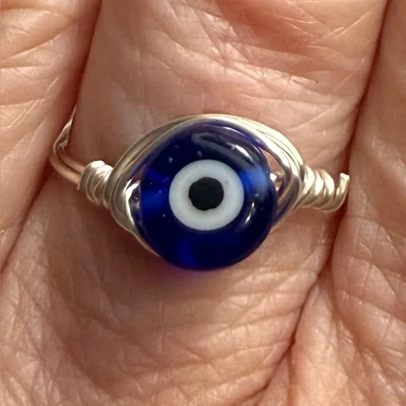 Ring - size 7 - evil eye - wire wrapped - blue & white - New! - Picture 5 of 10